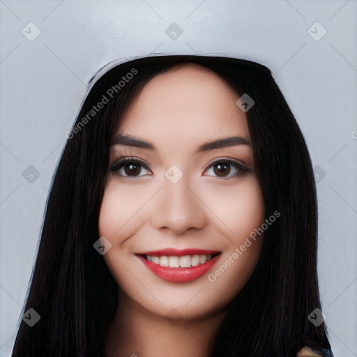 Joyful white young-adult female with long  black hair and brown eyes