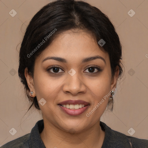 Joyful latino young-adult female with medium  brown hair and brown eyes