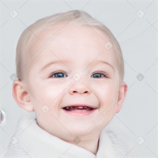 Joyful white child female with short  brown hair and blue eyes