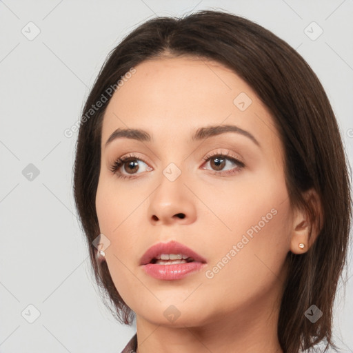 Neutral white young-adult female with medium  brown hair and brown eyes