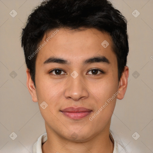 Joyful latino young-adult male with short  brown hair and brown eyes