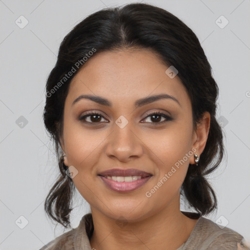 Joyful latino young-adult female with long  brown hair and brown eyes