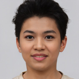 Joyful asian young-adult female with short  black hair and brown eyes