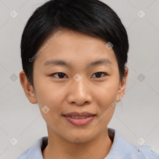 Joyful asian young-adult female with short  black hair and brown eyes