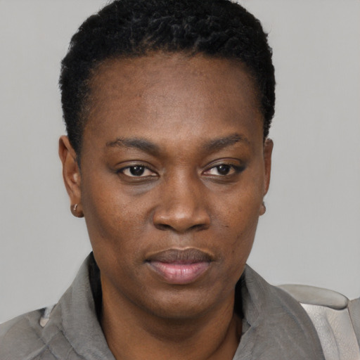 Neutral black young-adult female with short  black hair and brown eyes