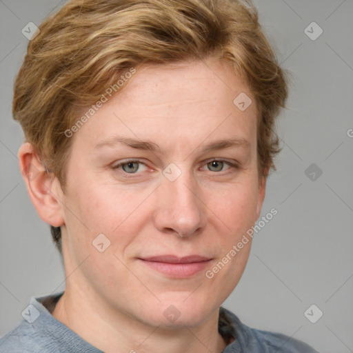 Joyful white young-adult female with short  brown hair and blue eyes