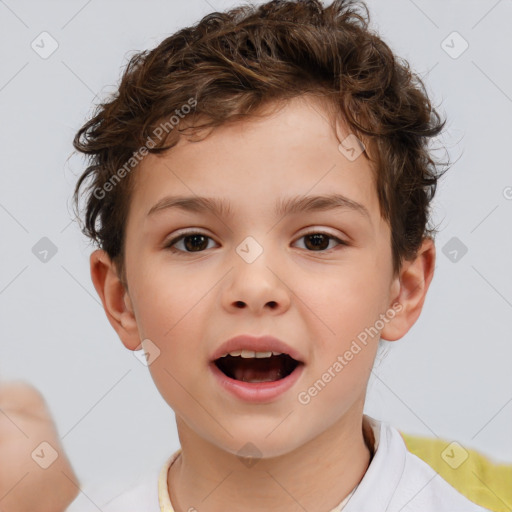 Joyful white child male with short  brown hair and brown eyes