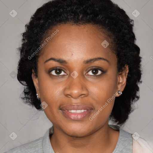 Joyful latino young-adult female with medium  black hair and brown eyes