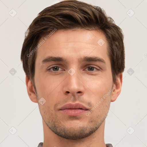 Neutral white young-adult male with short  brown hair and brown eyes