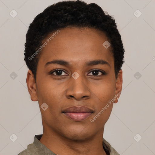 Joyful black young-adult female with short  black hair and brown eyes