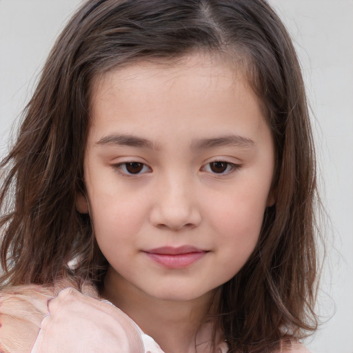 Joyful white child female with medium  brown hair and brown eyes