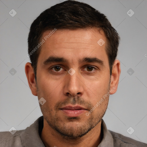 Neutral white young-adult male with short  brown hair and brown eyes