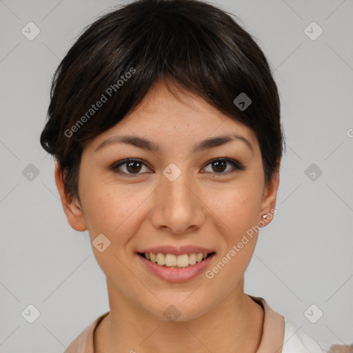 Joyful asian young-adult female with short  brown hair and brown eyes