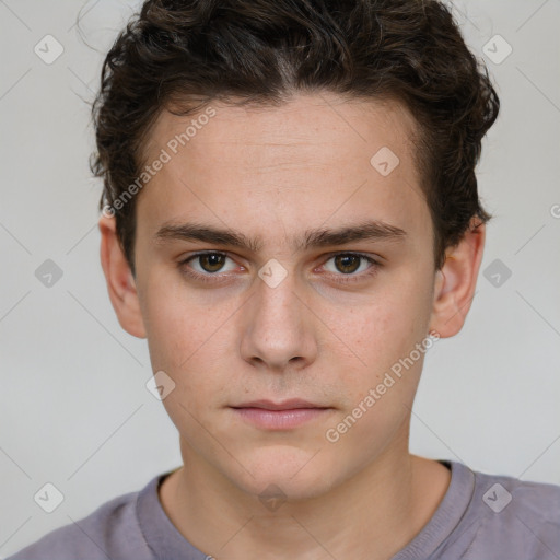 Neutral white young-adult male with short  brown hair and grey eyes