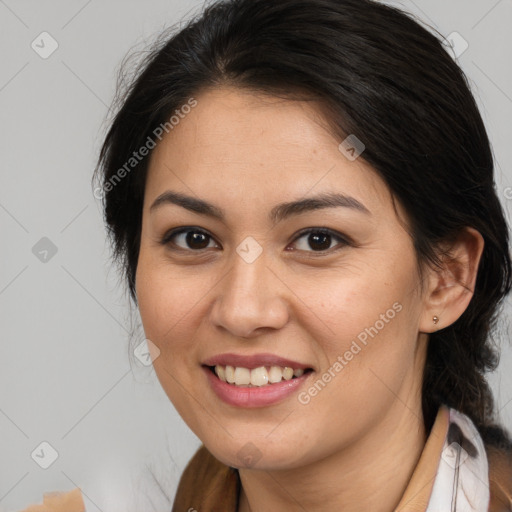 Joyful latino young-adult female with medium  brown hair and brown eyes