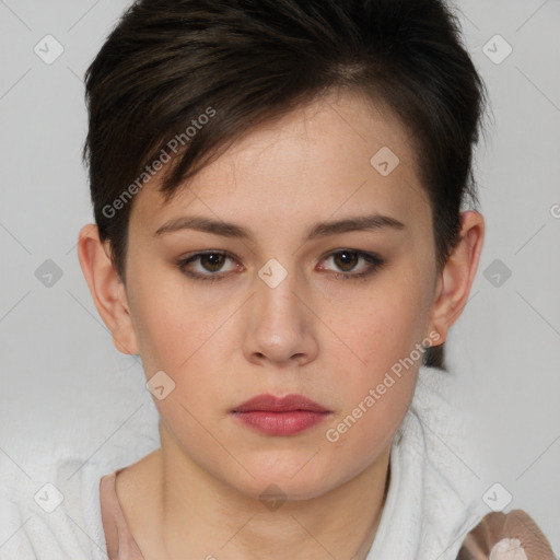 Neutral white young-adult female with short  brown hair and brown eyes