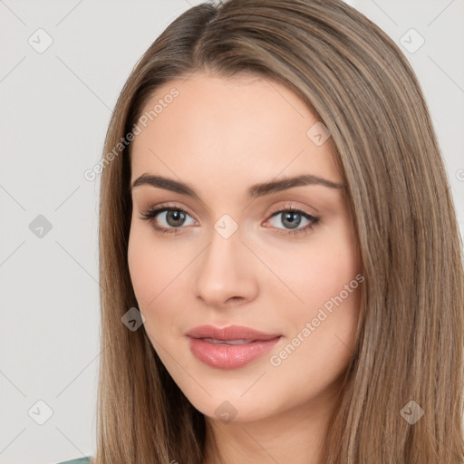 Neutral white young-adult female with long  brown hair and brown eyes