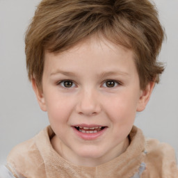 Joyful white child female with short  brown hair and brown eyes