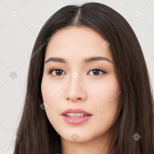 Neutral asian young-adult female with long  brown hair and brown eyes