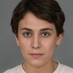 Neutral white young-adult female with short  brown hair and brown eyes