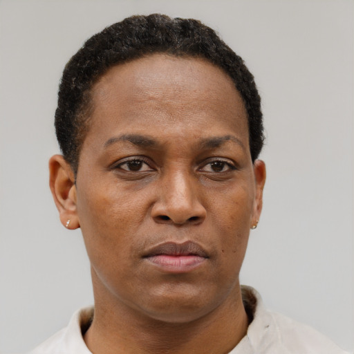Neutral black adult female with short  brown hair and brown eyes