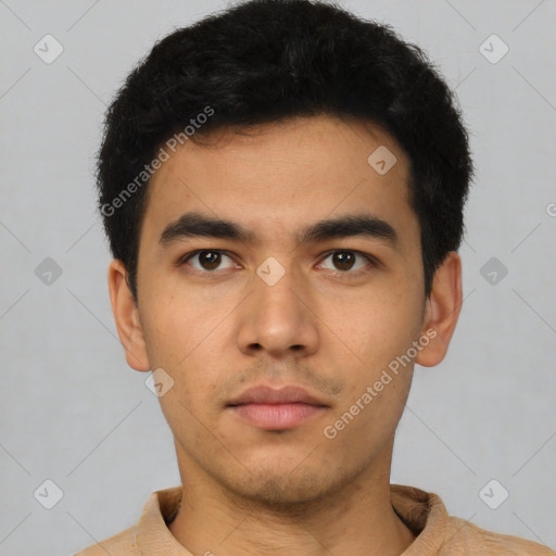 Neutral latino young-adult male with short  black hair and brown eyes