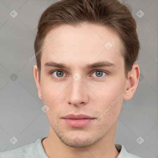 Neutral white young-adult male with short  brown hair and grey eyes