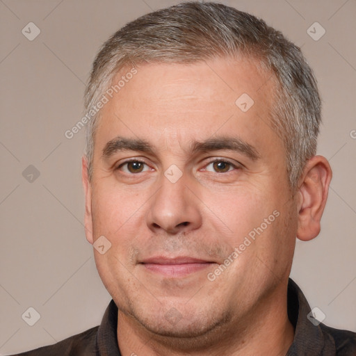 Neutral white adult male with short  brown hair and brown eyes