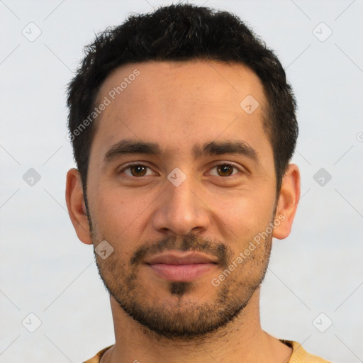 Neutral latino young-adult male with short  black hair and brown eyes