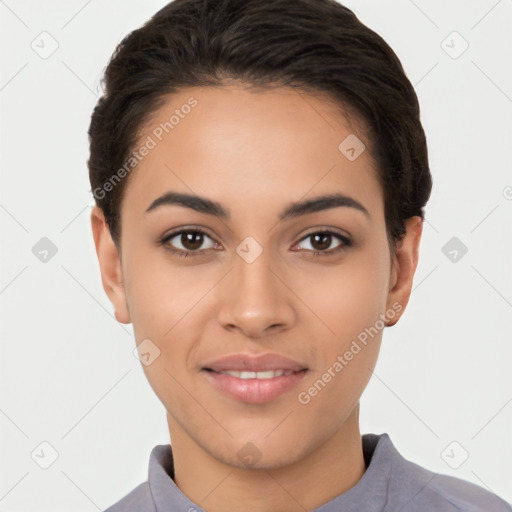 Joyful latino young-adult female with short  brown hair and brown eyes