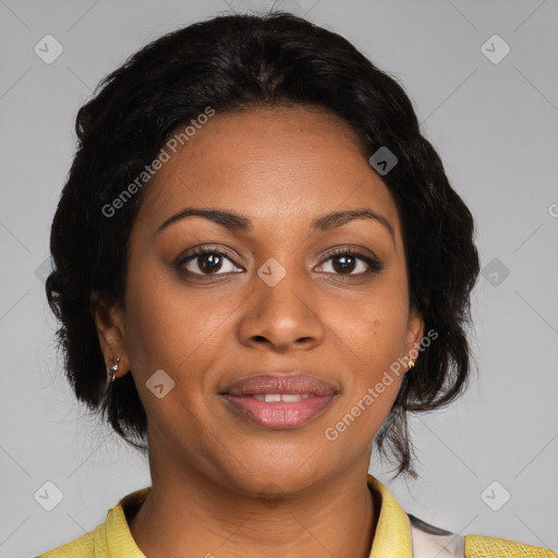 Joyful black young-adult female with medium  black hair and brown eyes