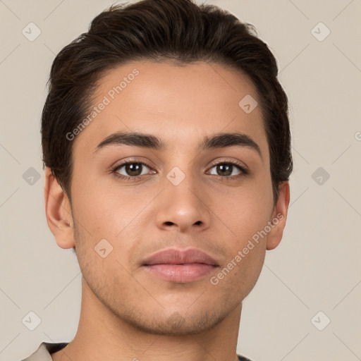 Neutral white young-adult male with short  brown hair and brown eyes