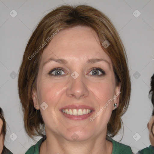 Joyful white young-adult female with medium  brown hair and blue eyes