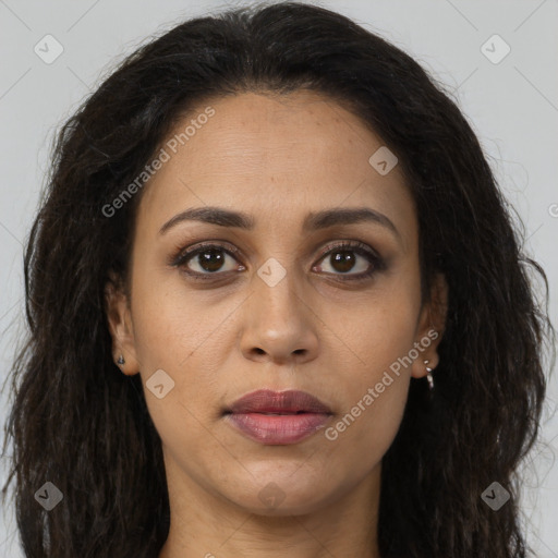 Joyful latino young-adult female with long  brown hair and brown eyes