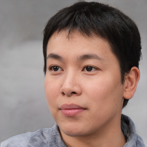 Neutral asian young-adult male with short  brown hair and brown eyes