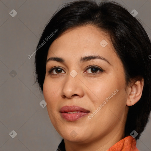 Joyful latino young-adult female with medium  brown hair and brown eyes