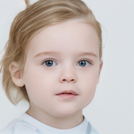 Neutral white child female with medium  brown hair and blue eyes