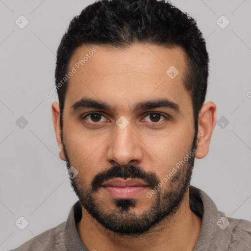 Neutral latino young-adult male with short  black hair and brown eyes