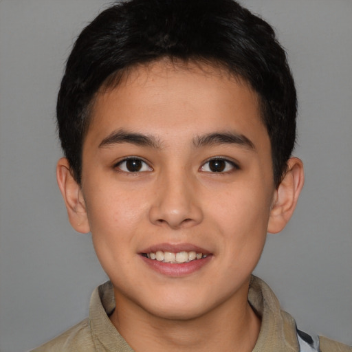 Joyful latino young-adult male with short  brown hair and brown eyes