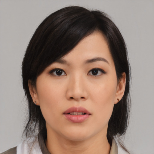 Neutral asian young-adult female with medium  black hair and brown eyes