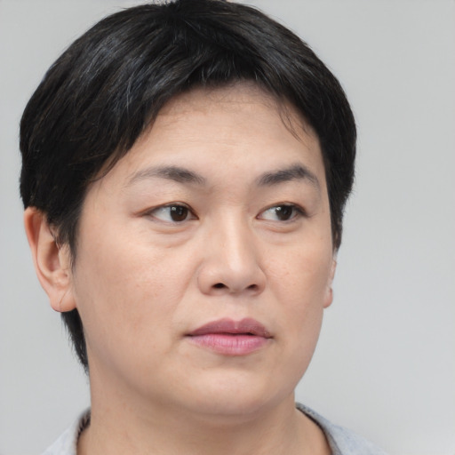 Neutral asian young-adult female with short  brown hair and brown eyes