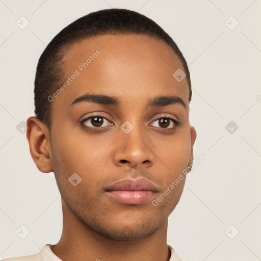 Neutral latino young-adult male with short  brown hair and brown eyes