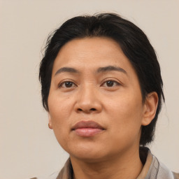 Neutral asian adult female with medium  black hair and brown eyes