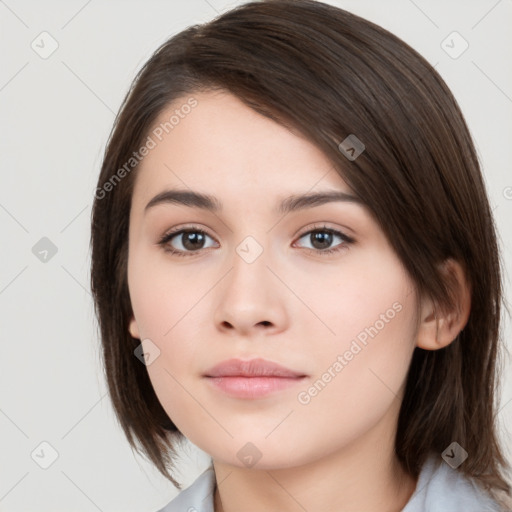 Neutral white young-adult female with medium  brown hair and brown eyes