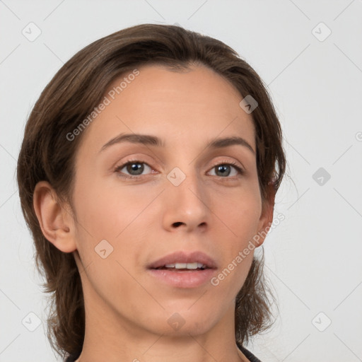 Neutral white young-adult female with medium  brown hair and brown eyes