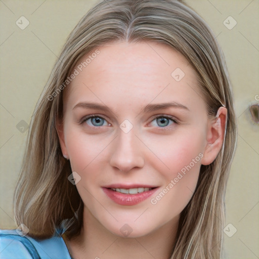 Joyful white young-adult female with medium  brown hair and blue eyes