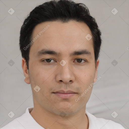 Neutral asian young-adult male with short  black hair and brown eyes