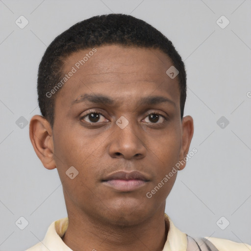 Neutral black young-adult male with short  black hair and brown eyes