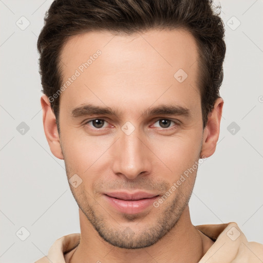 Joyful white young-adult male with short  brown hair and brown eyes