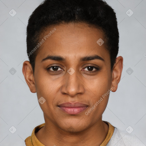 Joyful latino young-adult female with short  brown hair and brown eyes